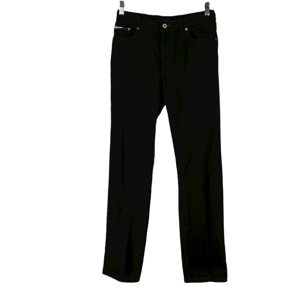 VINTAGE Tommy Hilfiger Black Jeans 28 x 31 Stretch Logo Spell Out Pocket Y2k - Picture 1 of 12